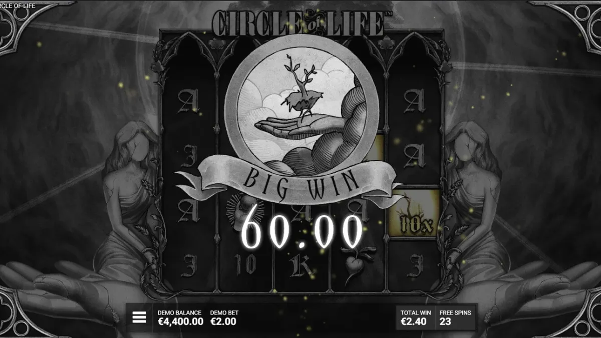 Visual artistik slot Circle of Life dengan tema monokrom dan pohon kehidupan yang bercahaya.