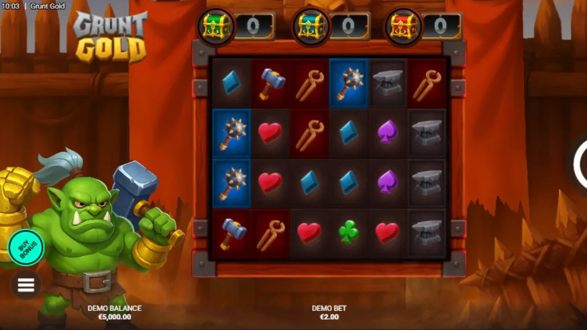 Tampilan visual slot Grunt Gold dengan tema orc dan harta karun